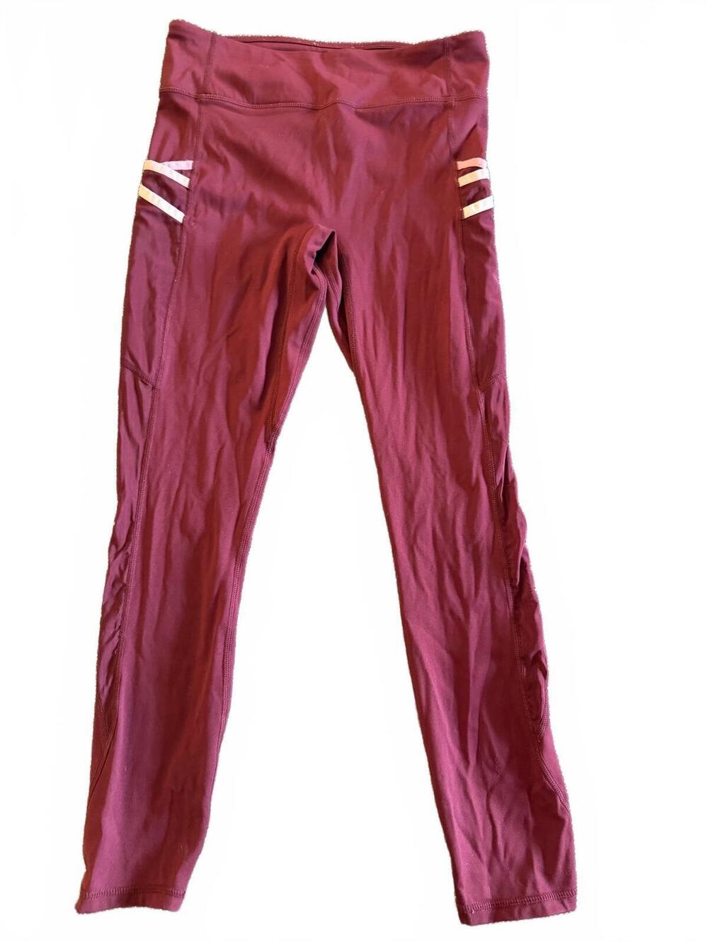 Fabletics Burgundy High Waist Leggings with White Accent Stripes, Size Medium
